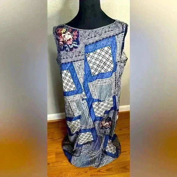 Vintage 90’s Carole Little 100% Silk Maxi Dress Blue Patchwork Floral Print 10 - Picture 3 of 6